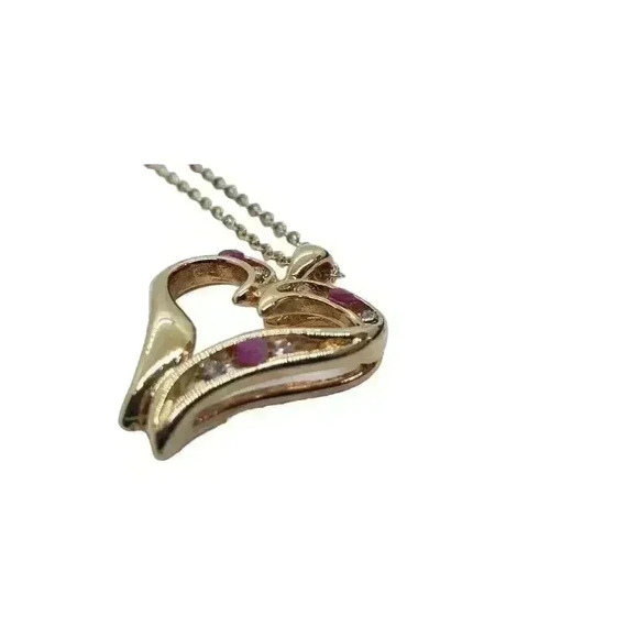 Ruby Large Heart Pendant Necklace 14K Gold EP & Chain cz accents - Picture 10 of 13